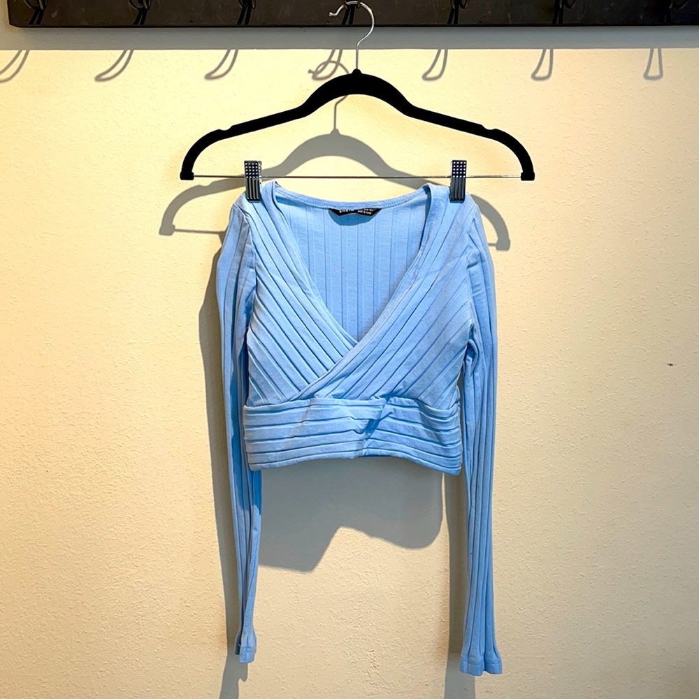 Blue Textured Long Sleeve Crop